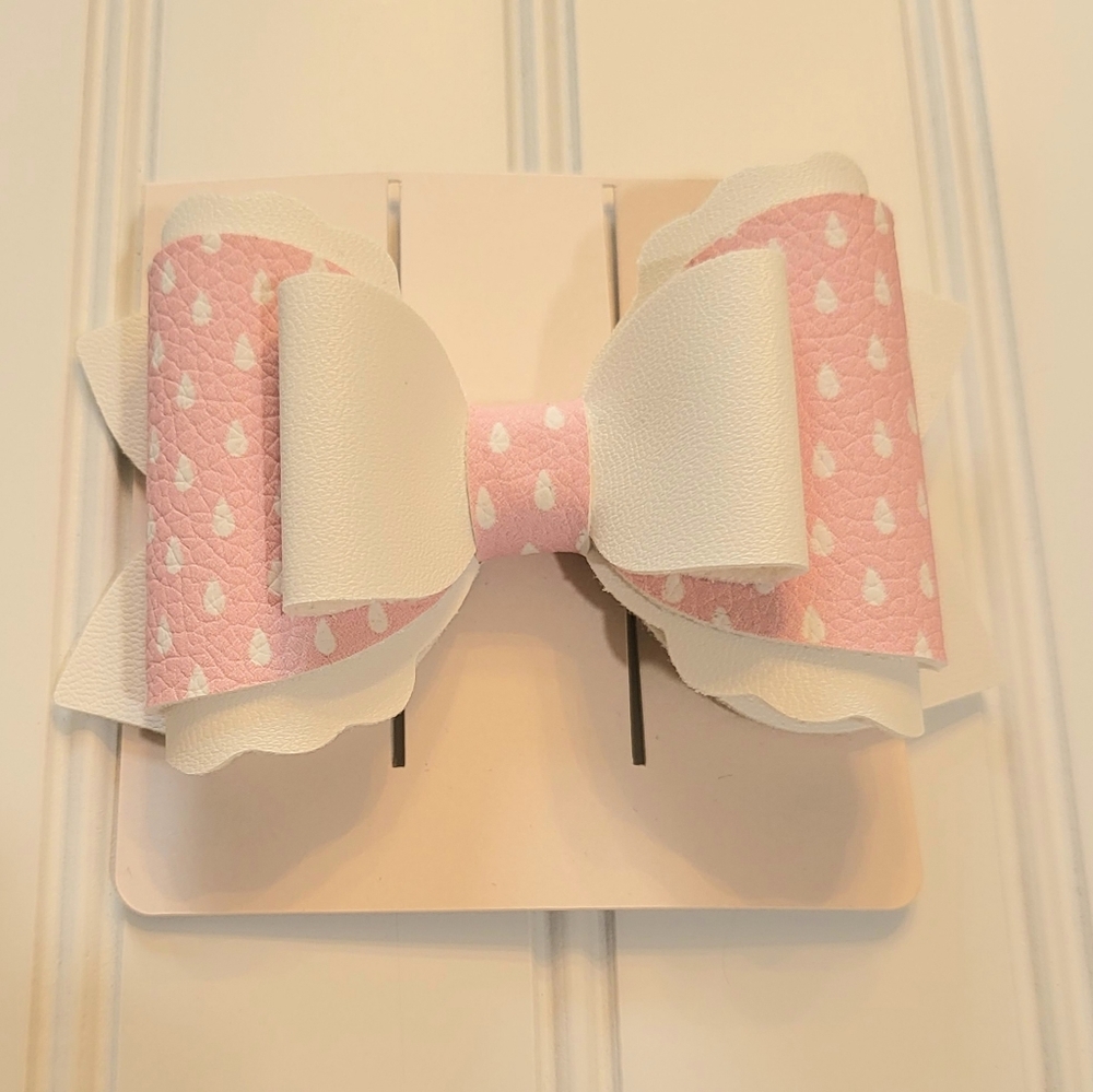 NWT Pink & White Faux Leather Clip Bow for Children, Made in the USA